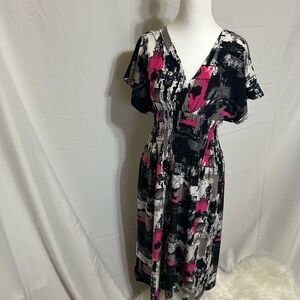 Elegant Black and Pink Abstract Midi Dress